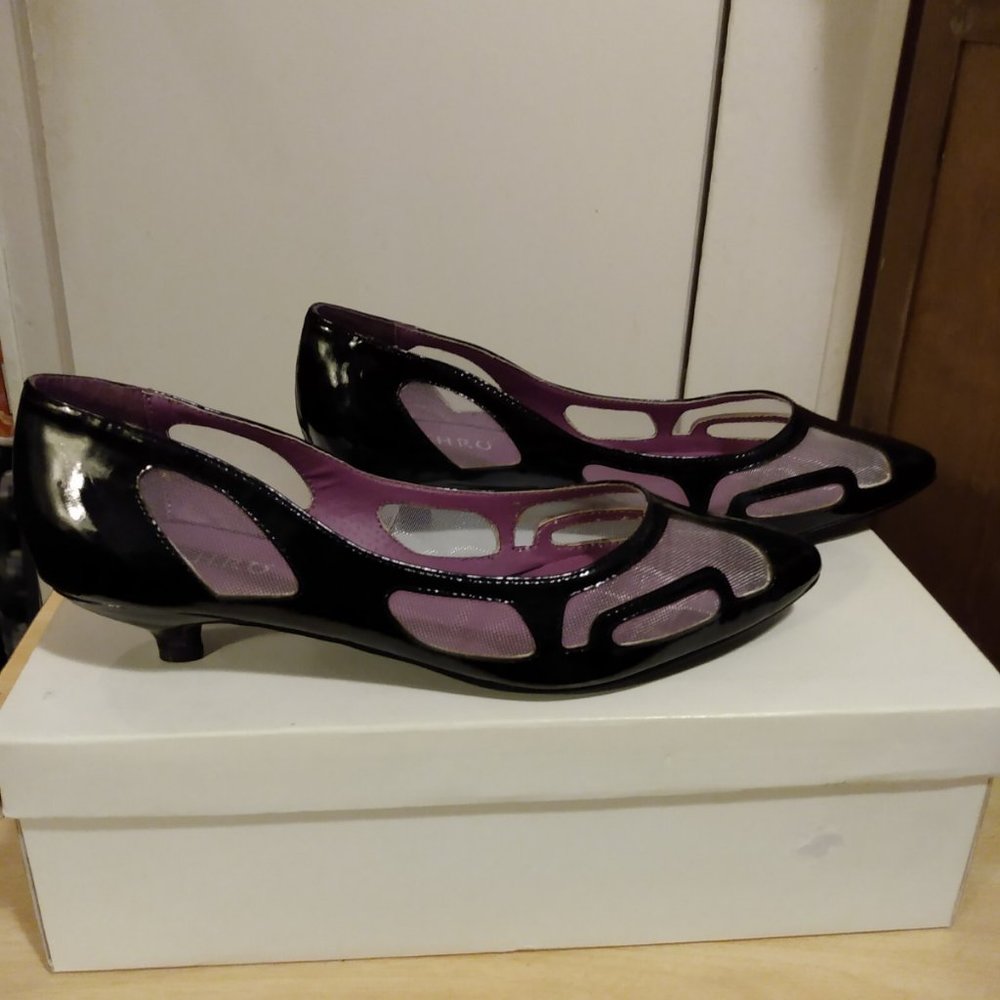 Mesh Black Patent Leather Kitten Heel